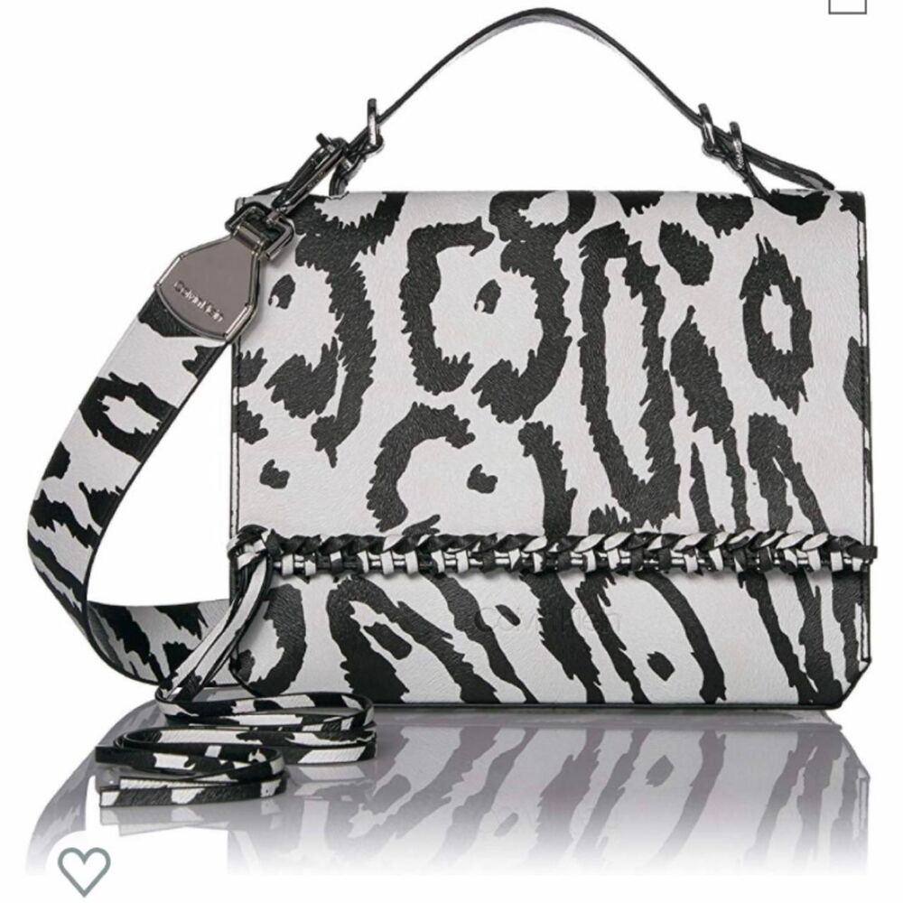 Calvin Klein White Black Snow Leopard Print Handbag Fringe Braid Magnetic Purse